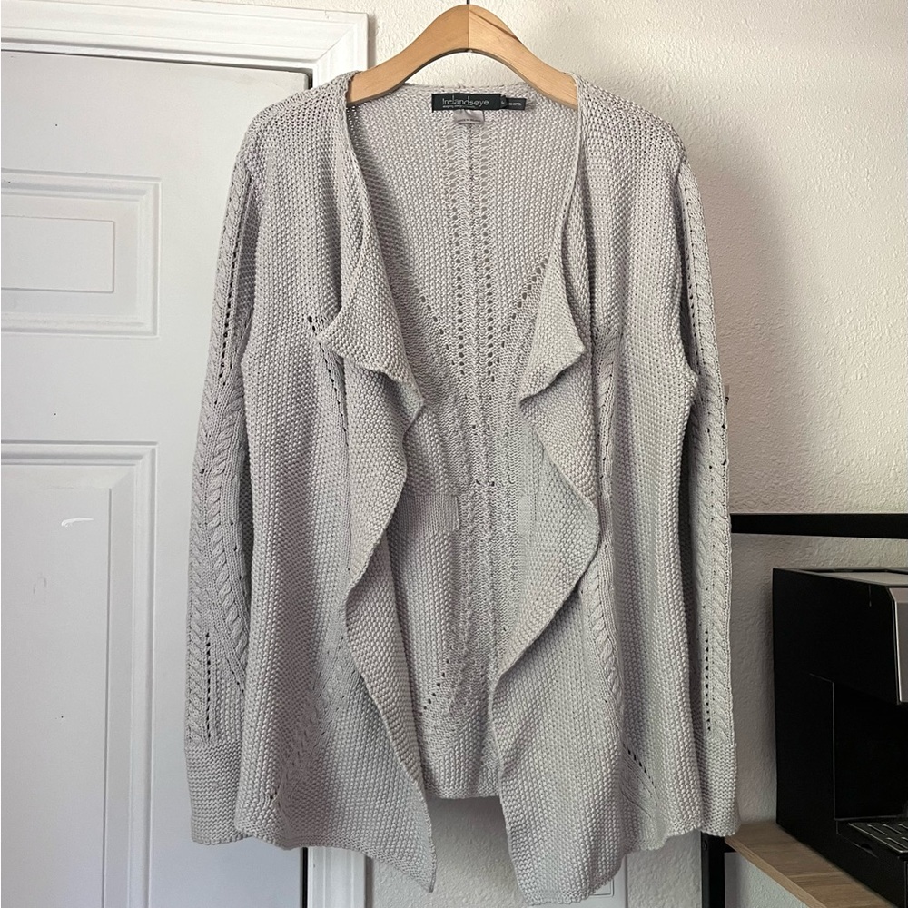 IRELANDSEYE‎ grey chunky knit cotton buttonless waterfall draped cardigan